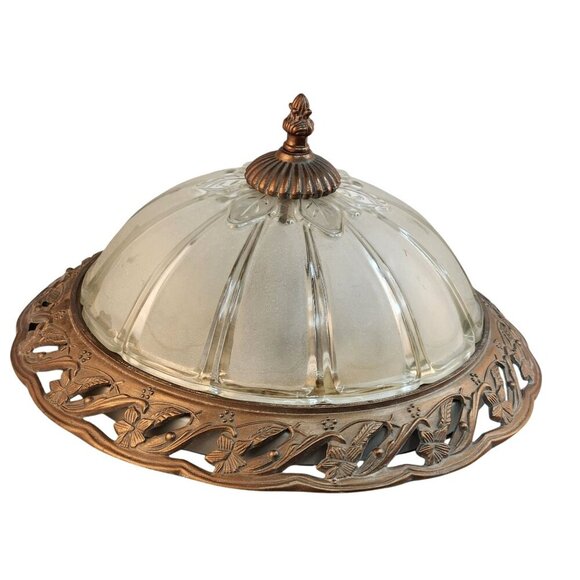 Vintage Ceiling Light Fixture Frosted Glass & Brass Dome With Floral Design 13 i - Picture 1 of 14